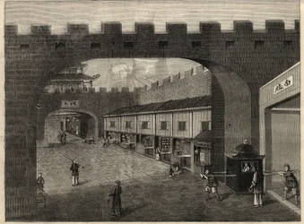 Veduta di una strada nelle mura della città di Guangzhou, Cina. Incisione in "The Illustrated London News" del 14 febbraio 1857.
