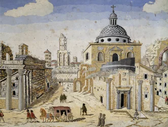 Veduta del Foro Romano, fine del XVII secolo, scagliola su supporto in terracotta (dettaglio)