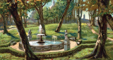 Veduta dei Giardini della Città del Vaticano, Roma, Italia (View of the Vatican Gardens, Italy) Cromolitografia degli anni 