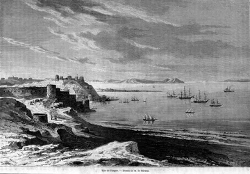 Veduta della baia della città fortificata di Tangeri e della costa, Marocco. Incisione del 1860