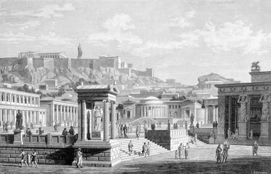 Veduta del centro città di Atene. Incisione del 1877