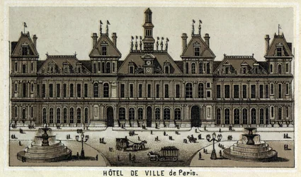 Veduta del municipio di Parigi e della piazza. Cromolitografia della fine del XIX secolo