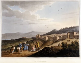 Vista della città di Betlemme in Cisgiordania. Fortificazioni. XIX secolo.