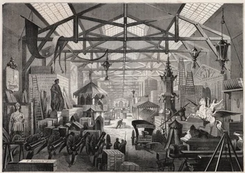 Veduta dei laboratori di costruzione di Eugene Delessert, azienda che organizza feste pubbliche, avenue Dauphine a Parigi - Incisione in "Le Monde Illustré"