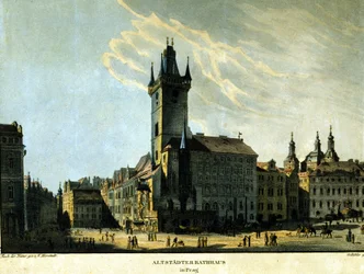 Veduta del vecchio Municipio di Praga intorno al 1860.