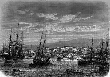 Veduta del porto di Pireo in Grecia. Incisione in "The Journal of Youth"