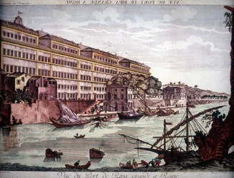 Veduta del porto di Ripa Grande sul Tevere - incisione