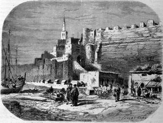 Veduta del porto della città fortificata di Tangeri e della costa, Marocco. Incisione del 1860