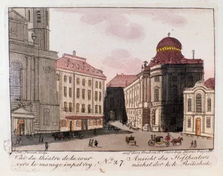 Veduta del teatro e del cortile verso il maneggio imperiale a Vienna, Austria. Incisione del 1815 Collezione Privata