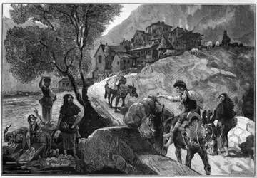 Veduta del villaggio di Andorra la Vella della Repubblica di Andorra e dei suoi abitanti andorrani. Incisione in "Le Monde Illustré"