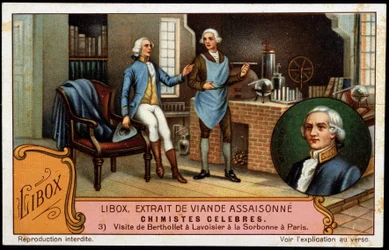 Visita di Berthollet a Lavoisier alla Sorbona di Parigi - etichetta pubblicitaria Libox. Cromolitografia del XIX secolo