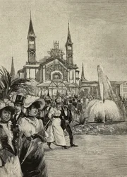 Visitatori davanti al Palazzo dello Sport di United Exhibitions, Milano, Italia, disegno di M Bianchini da L