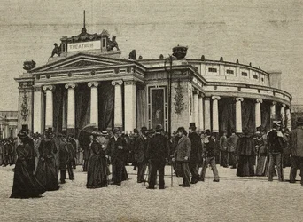 Visitatori davanti al Teatro Pompeiano alle Esposizioni Riunite, Milano, Italia, incisione da fotografia dei fratelli Treves da L