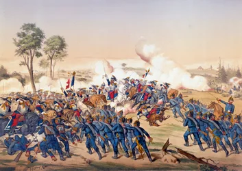 Guerra del 1870: la carica delle corazzate alla Battaglia di Froeschwiller Woerth (Froeschwiller-Woerth) il 06/08/1870 che vide la vittoria della Germania - Litografia del 1870. Parigi, NL