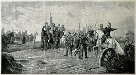 Guerra delle Comunità di Castiglia: Battaglia di Villalar. Vittoria delle truppe realiste sulle comunità (23 aprile 1521). Incisione, Spagna XVI secolo.