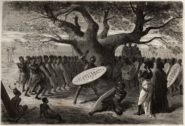 Esercizi guerrieri dei Landines o caffres-zulus, una Sena (regione del fiume Zambesi, Mozambico). Incisione per illustrare i primi viaggi del Dr. Livingstone in Africa meridionale dal 1840 al 1856, in "Le tour du monde, nouveau journal des voyages", a cura