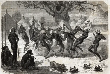 Danza di benvenuto delle donne della tribù, al ritorno di Baker e sua moglie dal Lago Alberto. Incisione per illustrare il viaggio al Lago Alberto, nel 1861-1864, di Sir Samuel White Baker, in 