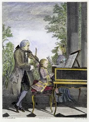Wolfgang Amadeus Mozart bambino al pianoforte, circondato dal padre Leopold al violino e dalla sorella Marianne che canta - incisione