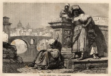 Donne e bambini della campagna romana a riposo sul bordo del Tevere, dietro l