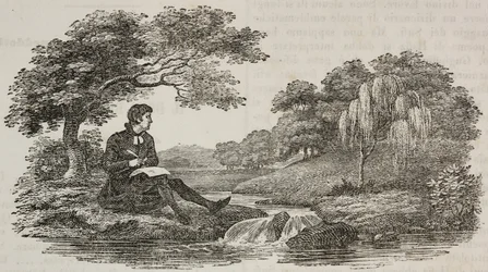 Scrittore sotto un albero davanti a un ruscello, illustrazione da Teatro universale, Raccolta enciclopedica e scenografica, n. 575, 19 luglio