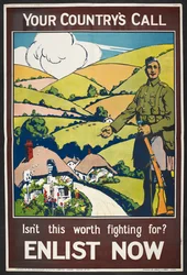 La chiamata del tuo Paese...". Un manifesto di reclutamento che mostra la campagna britannica, "questa terra verde e piacevole".