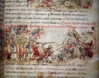 Sconfitta dei crociati nel 1396 - nelle «Croniche del Sercambi», 1400 circa. Archivio di Stato, Lucca.