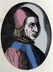 Ritratto di Angelo Poliziano, umanista italiano (1454-1494). In “Virorum Doctorum effigies” di Filippo Galli
