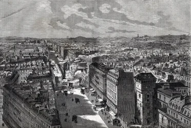 Le grandi opere di Haussmann - Trasformazioni di Parigi sotto il Secondo Impero, Parigi Haussmanniana (Boulevard, opere Haussmanniane) - La perforazione di rue Etienne Marcel- da rue Turbigo a Place des Victoires - incisione in 