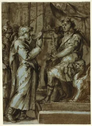 Mago che fa una predizione a un imperatore (recto); Nudo maschile che trasporta un carico (verso)