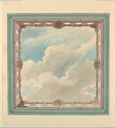 Disegno, progetto di soffitto con balcone traforato e cielo aperto, forse per conservatorio/sala da musica o sala da pranzo, 1820 ca.