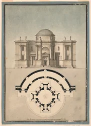 Disegno, Progetto di un tempio classico con tempietto ed edicola semicircolare, 1780 ca.