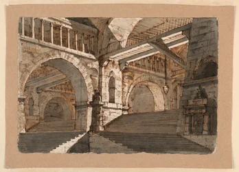 Disegno, scenografia, scale sotterranee e gallerie di un palazzo fortificato, 1800 ca.