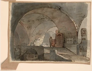 Disegno, scenografia, spazio sotterraneo a volta con tombe, inizio XIX secolo