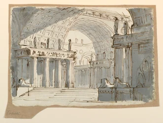 Disegno, scenografia, edificio classico a volta, 1800 ca.