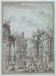 Disegno, operai che costruiscono portici, 1740 ca.