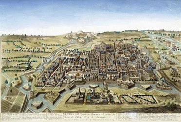 Incisione del XVIII secolo che rappresenta la città di Torino.