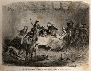 Un banchetto a Lauramarca (Basso Perù), un uomo circondato da donne indiane, viene servito e coccolato, mentre, approfittando della sua distrazione, i suoi servi si scontrano a sua insaputa. Incisione per illustrare il viaggio nelle valli di Quinquinas (Pe