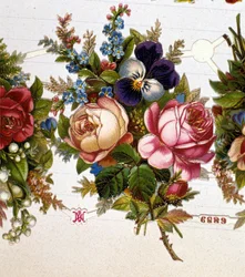 Un bouquet misto con rose, violette. Cromolitografia del XIX secolo.