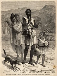 Un suonatore di flauto, accompagnato da un piccolo tamburino e uno spettacolo di scimmie; le due teste di pecora appese alla cintura del capo banda saranno la loro cena. Incisione per illustrare l