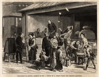 Una scena vivace di una strada di Edo (Tokyo), con un giocoliere itinerante davanti a una pescheria e un venditore di stoffe a buon mercato. Incisione per illustrare il viaggio in Giappone, di Aime Humbert, ministro della Confederazione Svizzera, nel 1863-