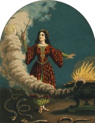 Un mago (strega) che prepara sortilegi con una bacchetta magica, un calderone e serpenti. Incisione del 1852