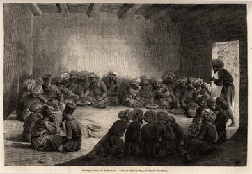 Un pasto dai Turcomanni (Iraq). Disegno di Emile Bayard (1837-1891), per illustrare il viaggio in Asia Centrale, nel 1863, di Arminius Vambery (scienziato ungherese travestito da derviscio). Incisione in "Le tour du monde", a cura di Edouard Charton.