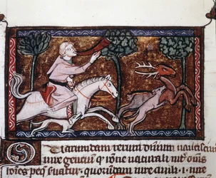 Un nobile che caccia un cervo. Manoscritto del XV secolo