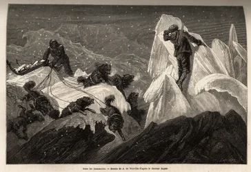 Una slitta e il suo equipaggio persi nei Hummocks, blocchi di ghiaccio che animano la superficie del pack. Incisione per illustrare il viaggio al mare libero del polo artico, del Dottor Hayes, chirurgo della Marina degli Stati Uniti, nel 1860-1862, pubblic