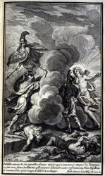 Achille, coperto con le sue nuove armi, dopo aver attaccato con rigore i Troiani, si scaglia con furia su Ettore, che è pronto a massacrare per il suo risentimento, ma Apollo lo copre con una fitta nube e lo libera da questo pericolo. Illustrazione del lib