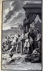 Achille, avendo saputo della morte di Patroclo e piangendolo amaramente, è consolato da Teti, che lo esorta a non combattere, finché non gli porterà nuove armi. Illustrazione del libro XVIII dell