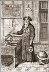 Adam Schall, astronomo (1592-1666) in costume mandarino, con globi terrestri e celesti e astrolabio - in “China” di Athanase Kircher