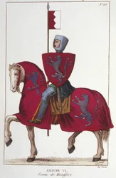Amaury VI, Conte di Montfort, perse parte delle conquiste di suo padre Simone IV il Forte e cedette i suoi diritti al Sud al Re di Francia, Luigi VIII. Incisione del 1830