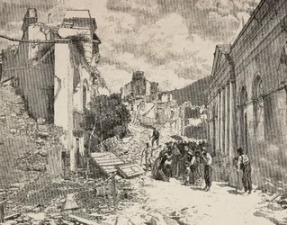 Tra le rovine del terremoto nella località balneare di Balliazzi, Italia