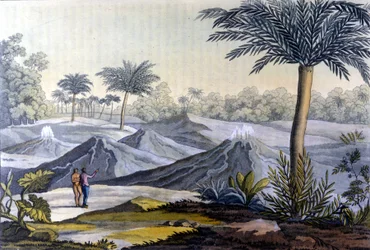 Un uomo indigeno mostra a Humboldt i vulcancitos vicino a Turbaco in Ecuador. Dal libro di Alexander Von Humboldt